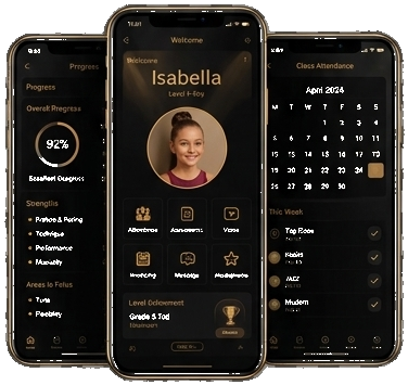 DancePassport app shown on three phone screens: student progress, profile, and class attendance